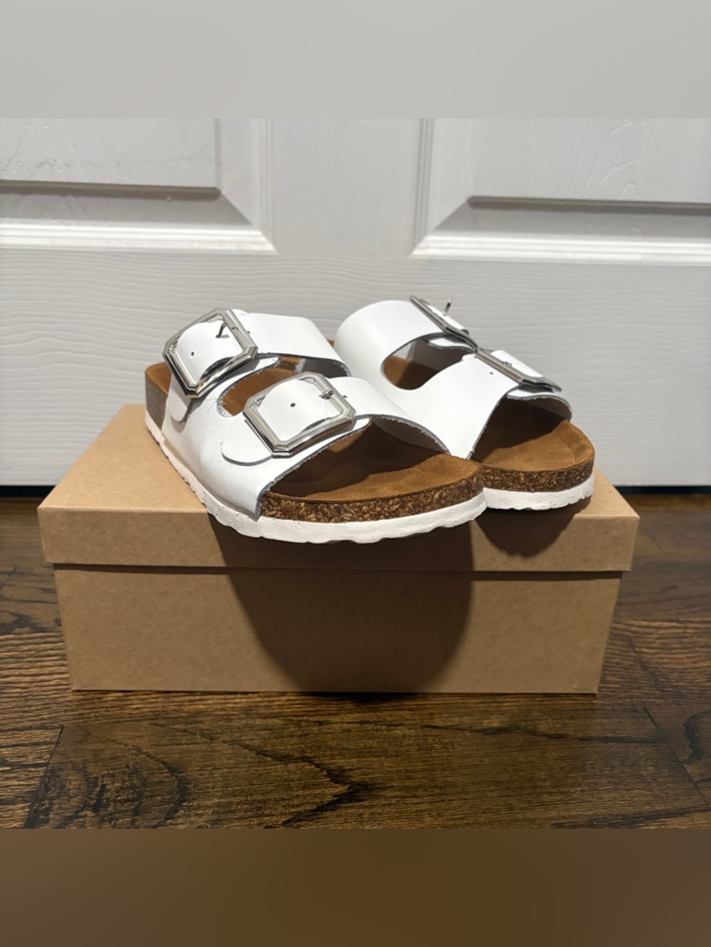 Steve Madden White Double Buckle Cork Slide Sandals